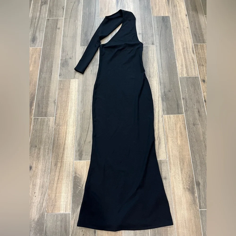 New! Marcella Manhattan One Shoulder Knit Gown Black Maxi Dress Size Medium - Picture 6 of 10